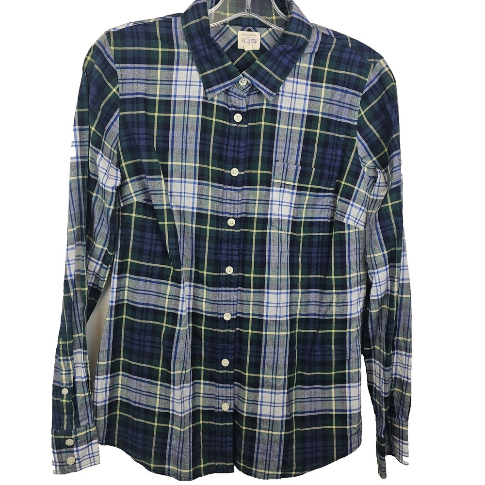 J.Crew Women S Blue/Green Plaid Perfect Shirt Cotton Western Cowgirl Button Up